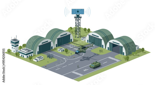 Military Airbase with Helicopters, Hangar, Radar Tower, and Tank