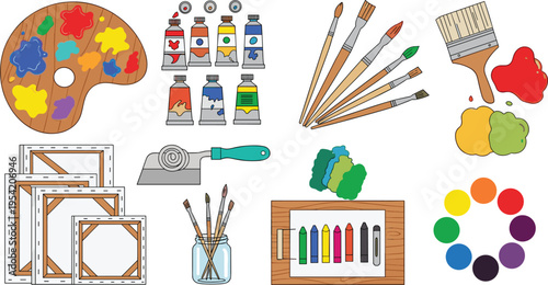 Professional Artist Tool Set Vector Featuring Paint Tubes, Brushes, Blank Canvases, Palettes, and Color Wheel for Creative Workshops, Fine Art Education, and Studio Design Projects