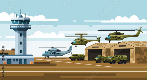 Military Airbase with Helicopters, Vehicles, and Control Tower