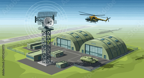 Military Airbase with Radar Tower, Hangars, Helicopter, and Tank