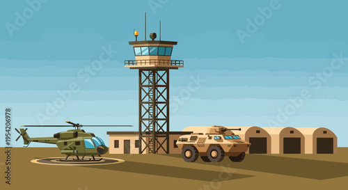Military Airfield with Helicopter, Armored Vehicle, Control Tower, and Hangars