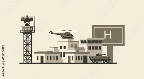 Military airport control tower, helicopter, armored vehicle, and helipad sign