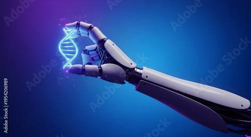 Futuristic robotic hand holding glowing DNA helix in neon blue lighting for biotechnology and innovation concepts