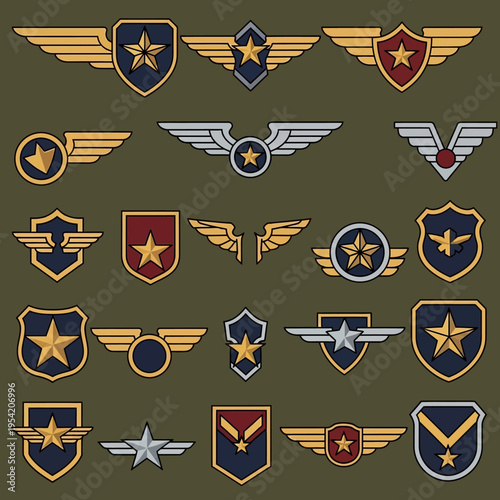 Military Aviation Badges and Emblems Collection: Wings, Shields, Stars