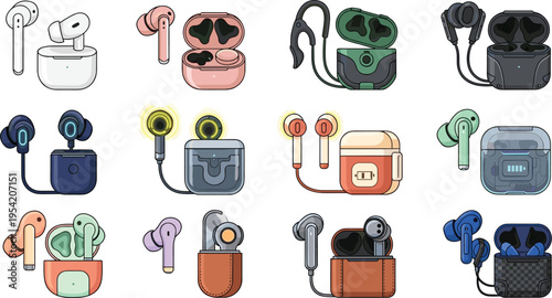 Wireless Earbuds and Charging Case Vector Set featuring TWS Bluetooth Earphones in Various Modern and Sporty Designs for Audio Technology and Mobile Accessory Layouts