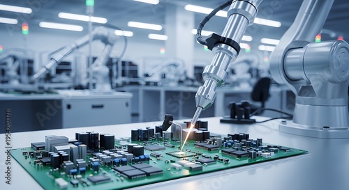 Robotic arm assembling advanced microchip circuit board in high-tech electronics manufacturing facility