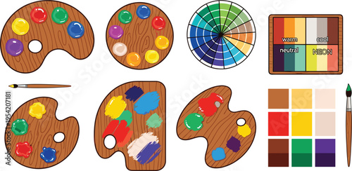 Artistic Wood Palette and Color Wheel Vector Set Featuring Paint Brushes, Vibrant Color Swatches, and Creative Tools for Fine Art, Education, and Graphic Design Projects