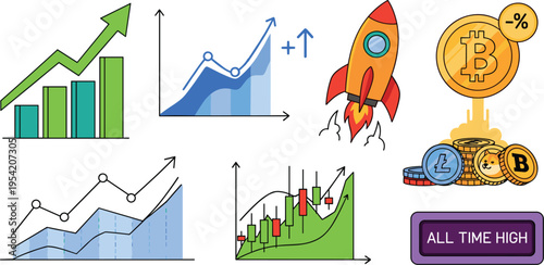 Cryptocurrency and Stock Market Growth Icon Set Featuring Bullish Financial Charts, Rocket Launch Symbol, Bitcoin Coins, and All Time High Labels for Trading Designs