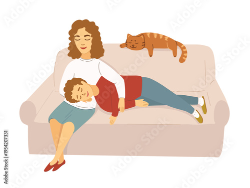 Warm family illustration of a mother and son resting on a sofa with a sleeping cat in a cozy home setting