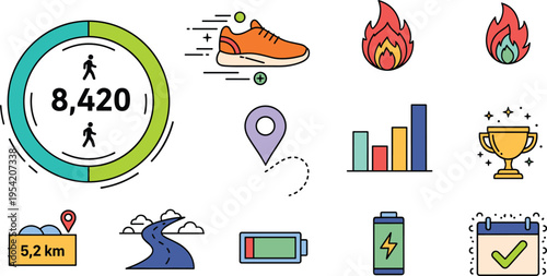 Fitness Activity Tracker Icon Set with Step Counter Progress Ring Running Shoe Calories Burned GPS Location Map Battery Life and Achievement Trophy Symbols for Mobile App UI