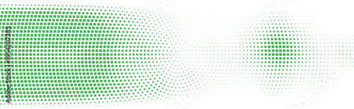 Abstract horizontal banner with green squares and dots forming a gradient, symbolizing growth and technology on a white background.