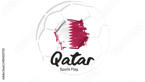 Abstract soccer ball sport icon label banner with Qatar national flag ribbon handwritten typography lettering