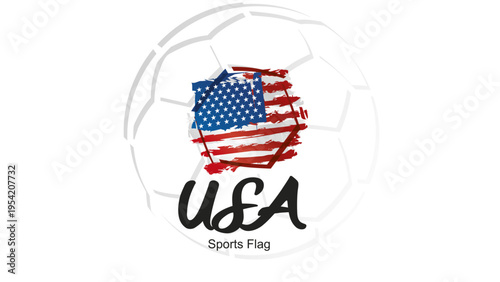 Abstract soccer ball sport icon label banner with USA national flag ribbon handwritten typography lettering