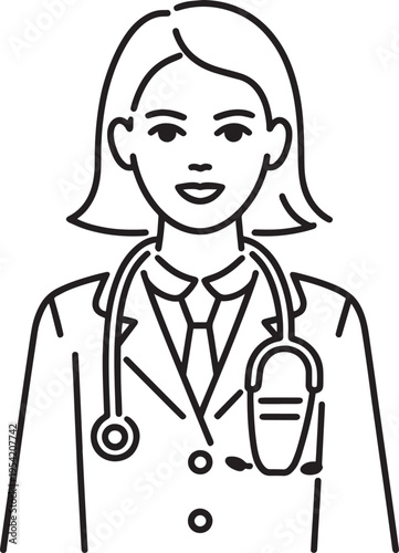 Friendly female pediatrician wearing professional lab coat and stethoscope around neck smiling for medical service and healthcare icon