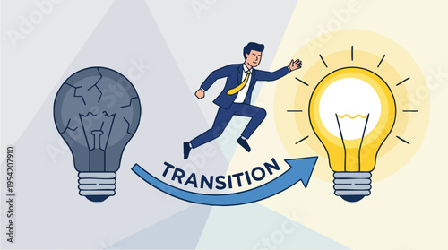 Businessman Transitioning from Old to Bright Idea Concept with Light Bulb Illustration