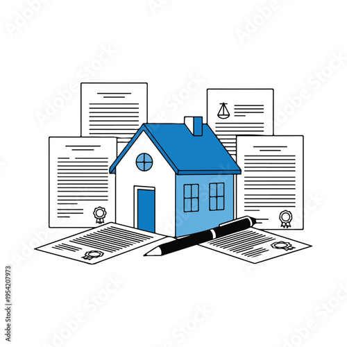 Blue House Real Estate Closing Legal Documents Flat Vector Illustration