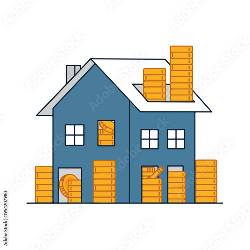 Blue House Gold Coin Savings Flat Vector Illustration Template