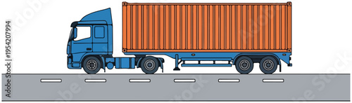 Blue Semi Truck With Orange Cargo Container Flat Vector Illustration