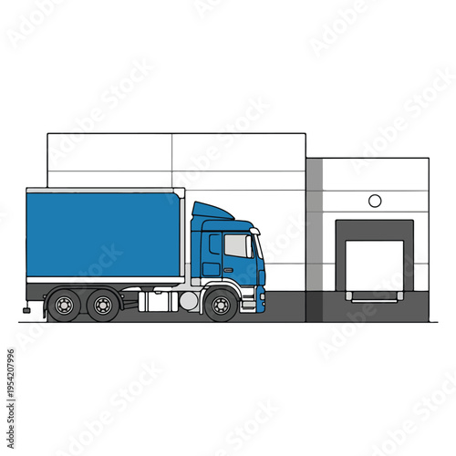 Blue Semi Delivery Truck Warehouse Loading Dock Flat Vector Illustration