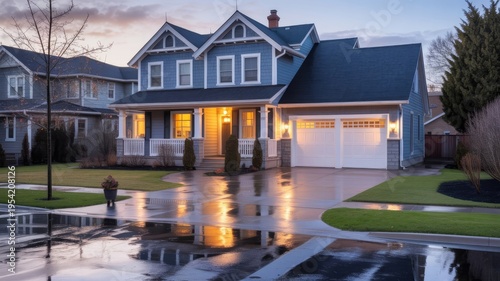 A beautiful blue house with white trim and a large porch on a rainy evening