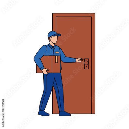 delivery courier delivering package at front door flat line vector illustration