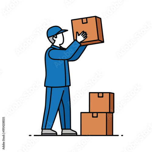 delivery worker stacking cardboard boxes flat line art vector illustration