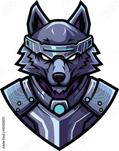 Stylized illustration of a blue futuristic wolf head with cybernetic elements