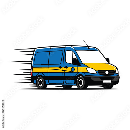 fast moving blue yellow delivery cargo van flat vector illustration