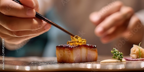 Tokyo sushi chef craft exquisite dish featuring edible gold foie gras bed of sauced sea urchin clean professional stock photo sharp macro photography style cinematic realism ultra photorealistic no