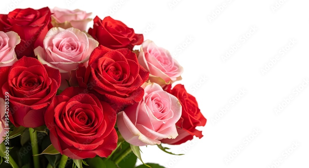 Fototapeta premium A bouquet of red and pink roses on a white background