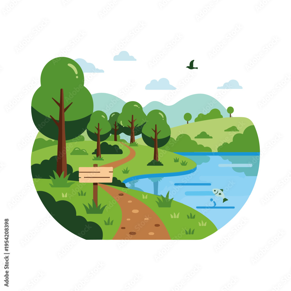 Obraz premium Lakeside Nature Trail Flat Design Vector Illustration