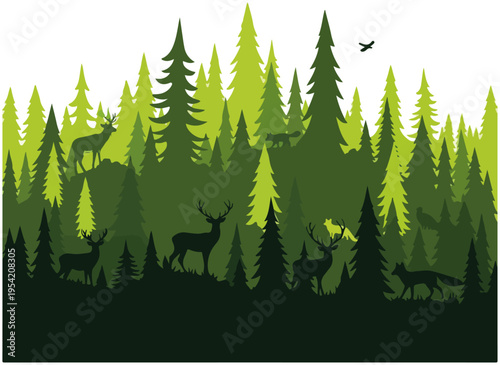 Green Pine Forest Wildlife Silhouette Vector Illustration Template