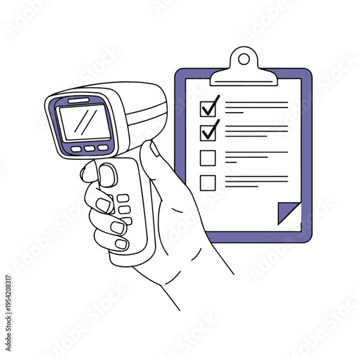 hand holding barcode scanner clipboard checklist flat vector illustration