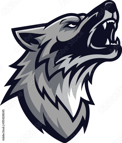 Stylized wolf illustration baring teeth and howling with upward gaze