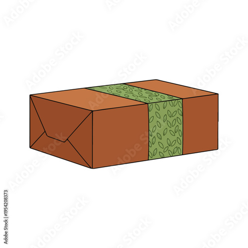 Kraft Paper Gift Box With Botanical Leaf Ribbon Flat Vector Illustration