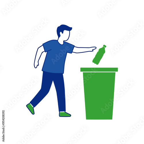 man disposing plastic bottle into recycling bin flat vector illustration
