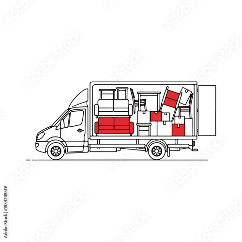 Moving Truck Furniture Relocation Flat Line Art Vector Illustration