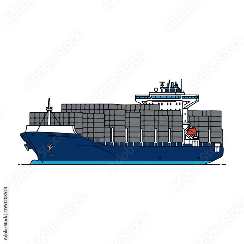 Navy Blue Cargo Container Ship Flat Vector Illustration