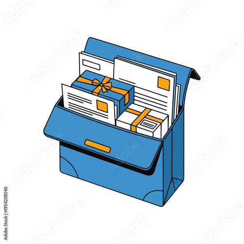 Open Blue Postal Envelope With Parcels And Mail Flat Isometric Vector Illustration