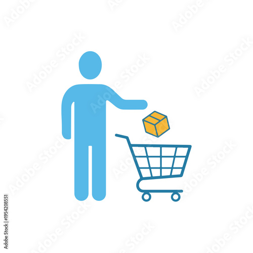 Person Adding Package To Shopping Cart Flat Vector Icon