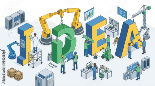 Collaboration of futuristic robotic technology and digital innovation representing teamwork in a high-tech industrial environment