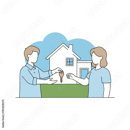 real estate agent key handover flat line art vector illustration template