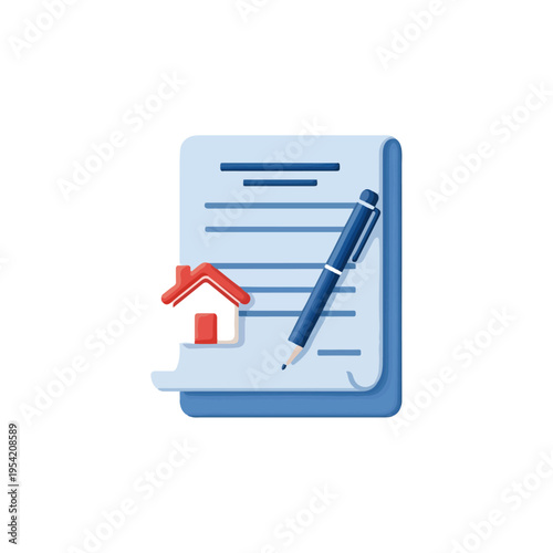 Real Estate Lease Contract Document Flat Vector Icon With Pen And House