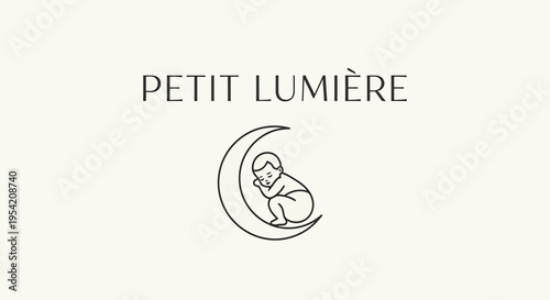 Minimalist Baby Icon Design Featuring Crescent Moon and Petit Lumière Text, Vector Illustration, Clean Background, Flat View, Childcare Concept