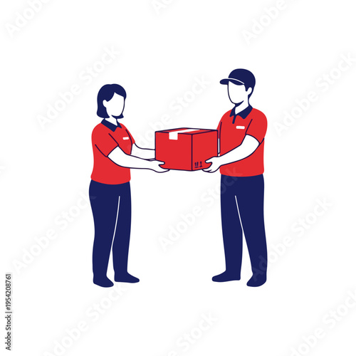 Two Delivery Workers Package Handover Flat Vector Illustration