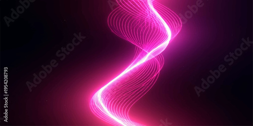 Abstract pink and purple background with lines featuring a neon light wave design and fractal motion effect on a dynamic dark backdrop with glowing curves and bright energy patterns
