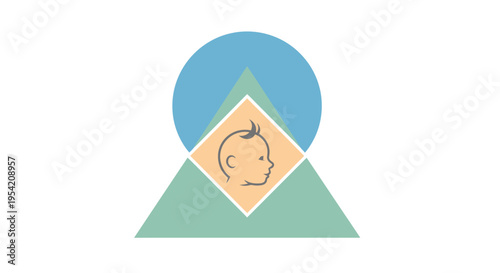 Abstract geometric design featuring a baby's profile within a triangle and circle, symbolizing new life and growth