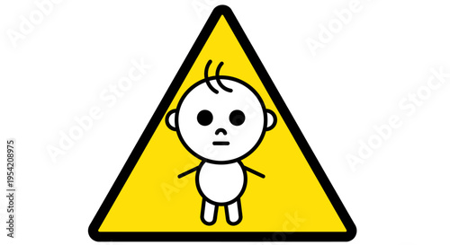 Minimalist yellow triangular warning sign with a simple, soft-curved baby icon. Symbolizing child presence, infant caution, or safety awareness in a clean graphic design