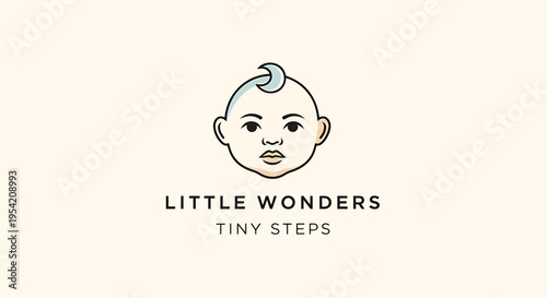 Minimalist 'Little Wonders Tiny Steps' Logo featuring a stylized baby face and modern typography, perfect for early childhood education or baby product brands