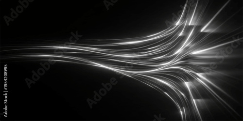 Abstract black and white background with flowing light waves and smooth digital lines in a dark artistic design